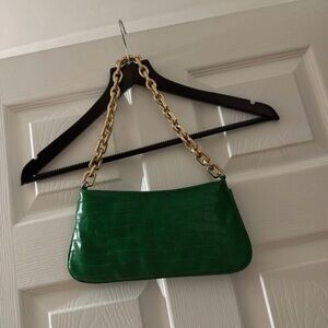 Zara Emerald Croc-Embossed Shoulder Bag with Gold Chain